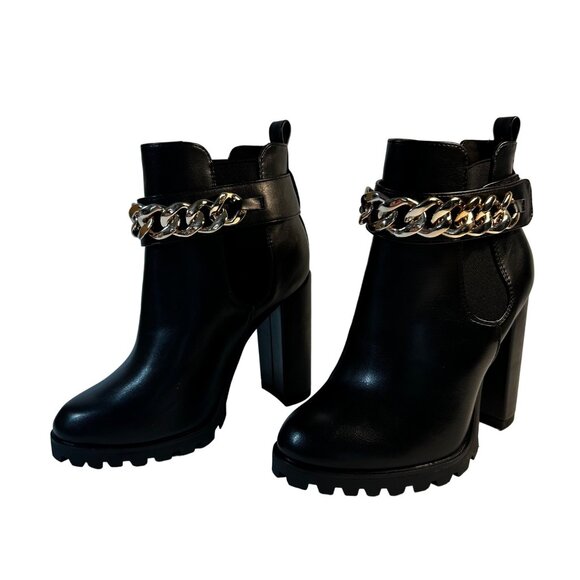 Kalethene Shoes - Shoedazzle Black Block Heel Ankle Booties 6.5 Gold Chain Mob Wife NWOB